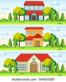 Tres escenas con la ilustración de casa en campo