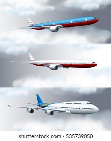 Tres escenas con aviones a reacción volando en la ilustración del cielo