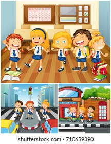 Three scenes with lots of students illustration