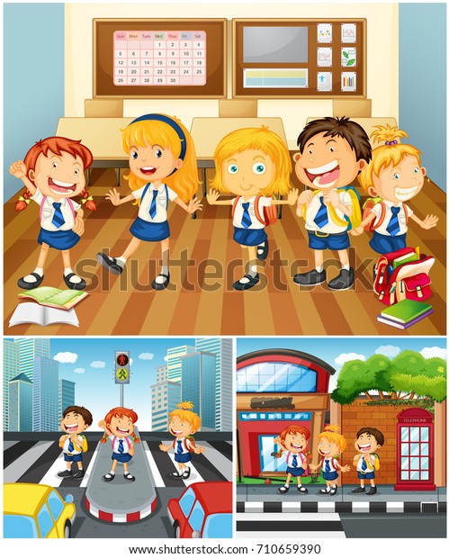 Three scenes\
with lots of students\
illustration
