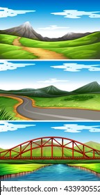 Three scenes with mountains and trails illustration
