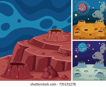 Three scenes of planets in dark space illustration