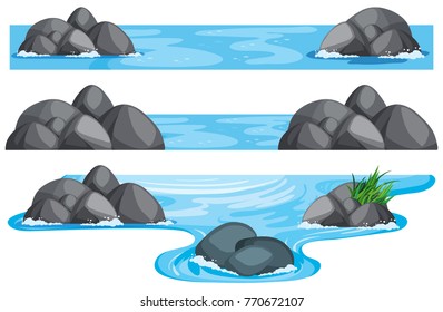 Three scenes of river and lake illustration