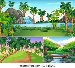 Three scenes of river and waterfall illustration