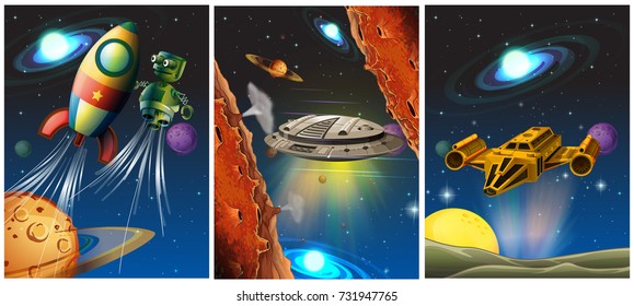 Three scenes with spaceship and robot in space illustration