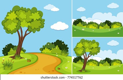 Three scenes with trees and grass illustration