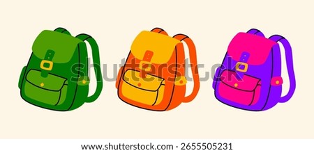 Three school backpacks in bold flat vector style. Green, orange-yellow, and purple-pink colors with playful cartoon design. Perfect for back to school graphics, children’s materials, and education pri