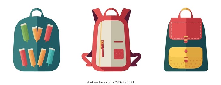 Tres bolsos escolares. Bolsas de colegio. ilustración vectorial