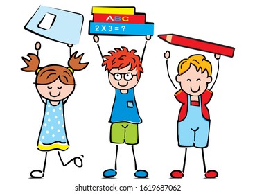 Three school children with school equipment, funny vector illustration	