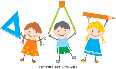 Three school children, geometry, boy with compass and girls with pencil and triangle, humorous vector illustration
