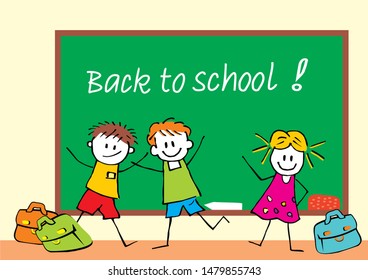 Three school children with satchels in front of chalkboard, funny vector illustration