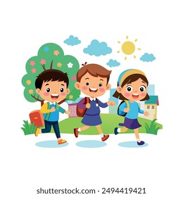 Three school kid happily going their school vector