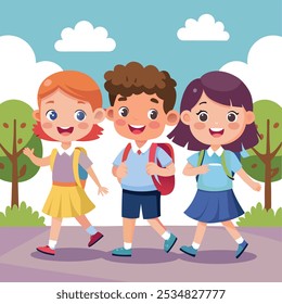 Three school kid happily going their school vector