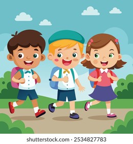 Tres escolares felizmente yendo a su Vector escolar