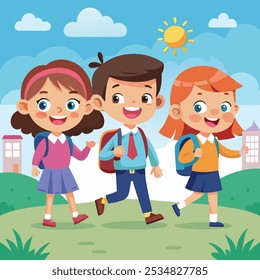 Three school kid happily going their school vector