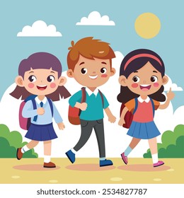 Three school kid happily going their school vector