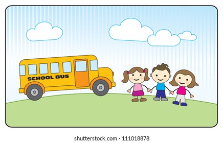 Three school kids holding hands and yellow school bus, outside