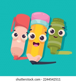 three school supplies kawaii characters
