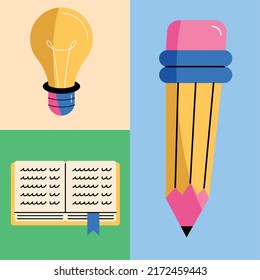 three school supplies set icons