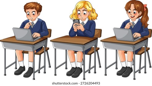 Três crianças em idade escolar de uniforme usando laptops e smartphone em carteiras de madeira, ilustração vetorial limpa