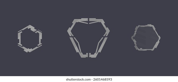 Three Sci fi Hud Futuristic Glass Metallic Military Game Frame Logo Elements Set Isolated Vector Design