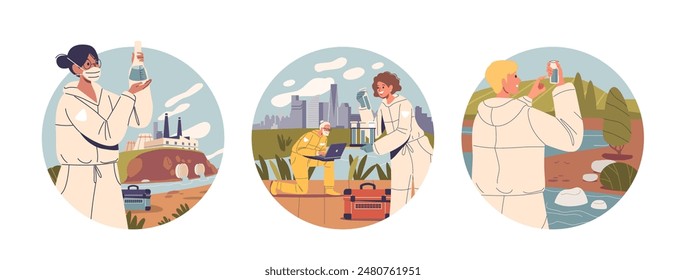 Three Scientists Collect And Analyze Water Samples In Different Outdoor Locations. Isolated Vector Elements Round Icons