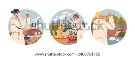 Three Scientists Collect And Analyze Water Samples In Different Outdoor Locations. Isolated Vector Elements Round Icons