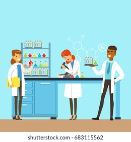 Three scientists conducting research in a lab, interior of science laboratory, vector Illustration