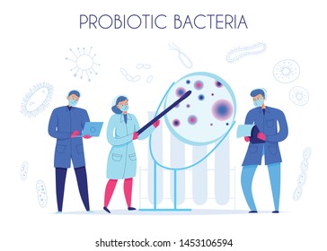 Three scientists investigating probiotic bacteria in science laboratory flat vector illustration