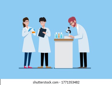 Three scientists on white coat working in science lab, Scientific research and experiment concept, flat style vector illustration