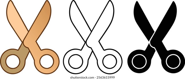 Three scissor icons in different styles brown filled, black filled, and a line drawing. Simple, versatile graphic design elements.