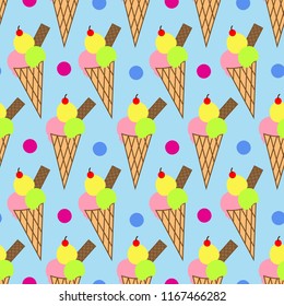 three scooped ice cream cones with chocolate bar and polka dots on light blue background repeat pattern