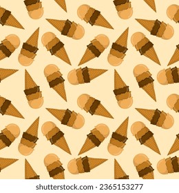 Three scoops of chocolate ice cream cone seamless pattern background on light yellow background, abstract pattern background