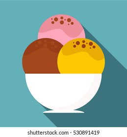 Three scoops of chocolate, strawberry and vanilla ice cream in bowl icon. Flat illustration of three scoops of ice cream in bowl vector icon for web isolated on baby blue background