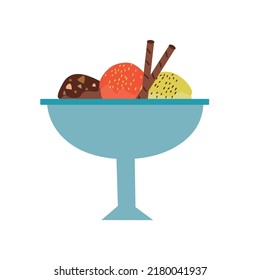 Three scoops of fruit and chocolate ice cream in a glass. Vector illustration.