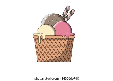 three scoops of ice cream in a bowl illustration