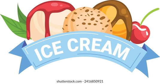 Tres cucharas de helado con cerezo encima y hojas de menta. Banner azul con texto Ice Cream. El postre veraniego y la ilustración del vector de dulce.