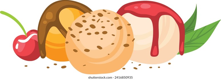 Three scoops of ice cream with cherry, chocolate, strawberry flavors, and leaf. Sweet dessert, delicious summer treat vector illustration.
