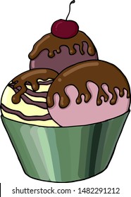 Three scoops of ice cream with chocolate.
