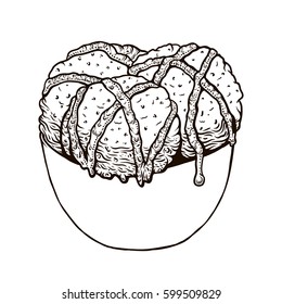 Three scoops of ice cream with chocolate sauce in a cup. Hand drawn doodle illustration in cartoon style