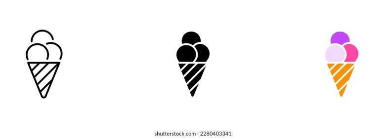 Three scoops of ice cream in a cone. Vector set of icons in line, black and colorful styles isolated.