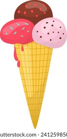 Drei Bruchstücke Eis in einem Kegel, mit Schokolade, Erdbeere und Vanillegeschmack, Tropfen. süßer Nachtisch, sommerlicher Abend, Vektorgrafik.