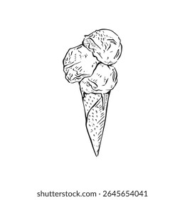 Três colheres de sorvete no cone com um floco. Ilustração desenhada à mão em preto e branco