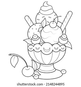 Three scoops of ice cream in a glass, pastry shop menu. Children coloring book.