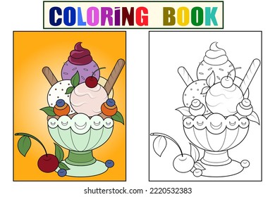 Three Scoops Of Ice Cream In A Glass, Pastry Shop Menu. Learning To Draw, An Example Of A Color Picture. Children Coloring Book.