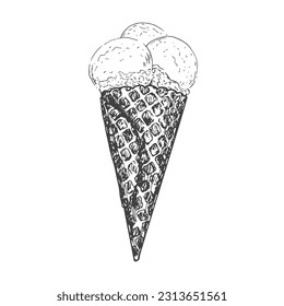 Drei Bruchstücke Eiscreme-Skizze. Eis in Waffelkegel einzeln auf weißem Hintergrund. Gefrierter Nachtisch. Schwarz-Weiß-Gelato-Zeichnung mit Schraffur.