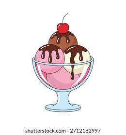 Três colheres de sorvete sundae com xarope de chocolate e cereja na ilustração vetor tigela de vidro.