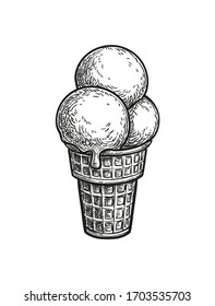 Three scoops of ice cream in a waffle cup. Ink sketch isolated on white background. Hand drawn vector illustration. Retro style.