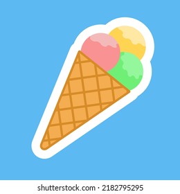 Three scoops of ice cream in a waffle cone sticker icon