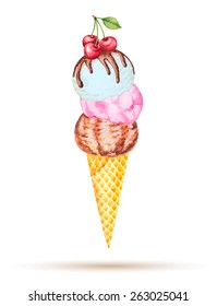 Three scoops of ice cream in a waffle cone with cherry, watercolor, vector illustration.